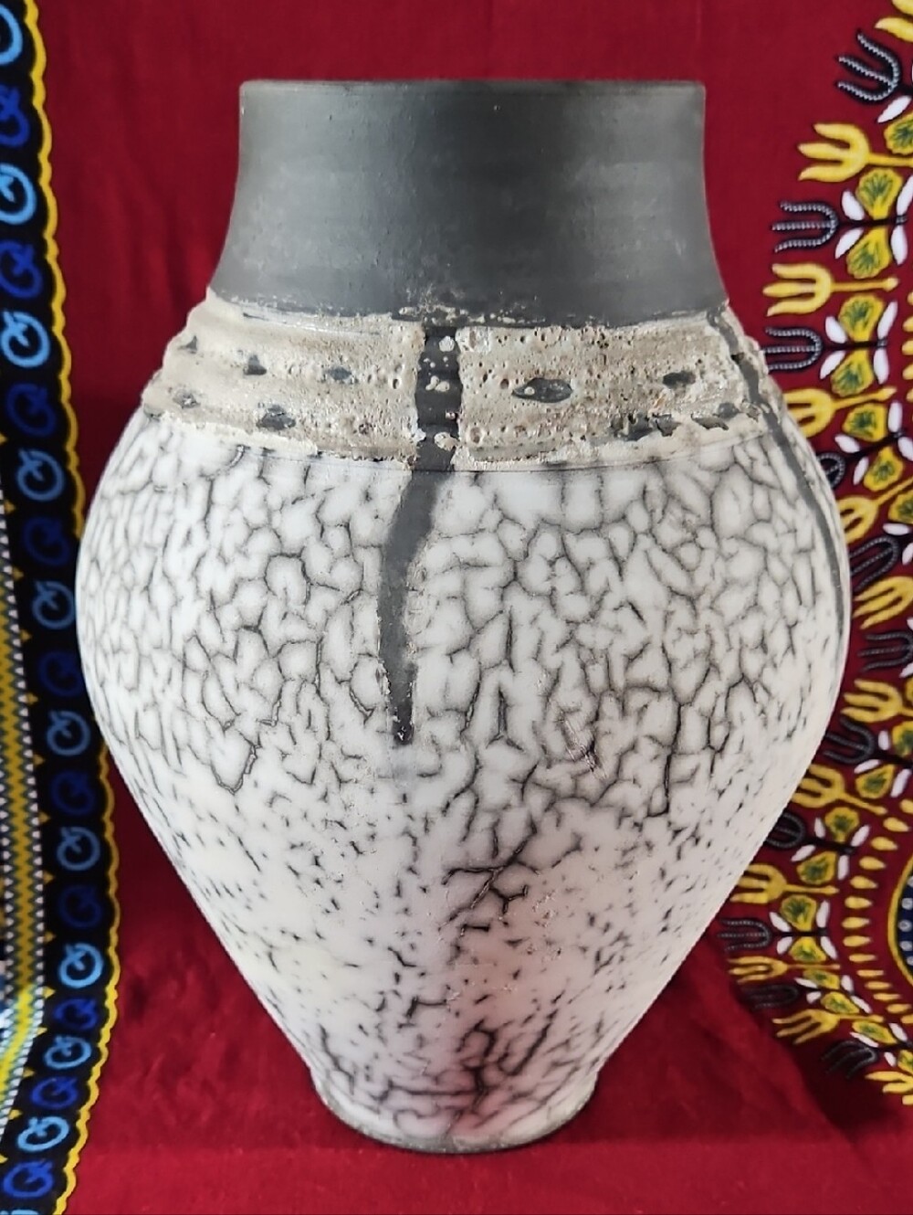 Handcrafted "Naked" Raku Ceramic Vase, Distinctive Crackle Motif & Smoke Finish